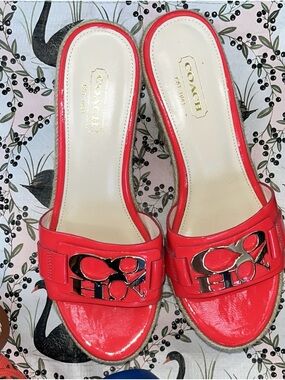 COACH Red Patent Leather Slide Mules with Logo Accent